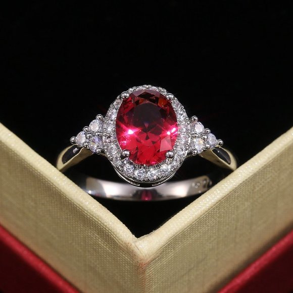 NEW Silver Oval Ruby Round Diamond Halo Ring - Picture 6 of 7